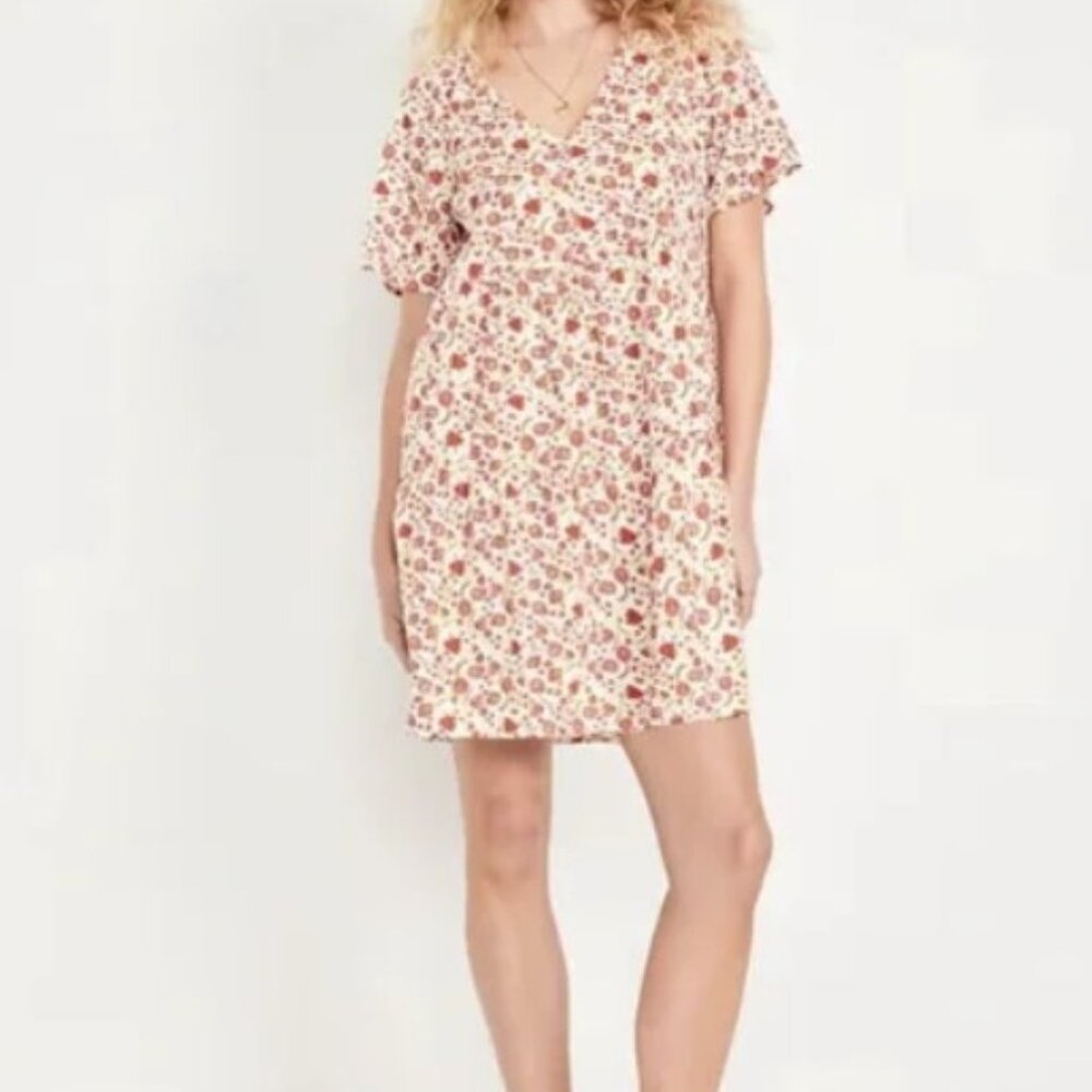 Old Navy V Neck Mini Swing Floral Dress Orange S Tall NWT
